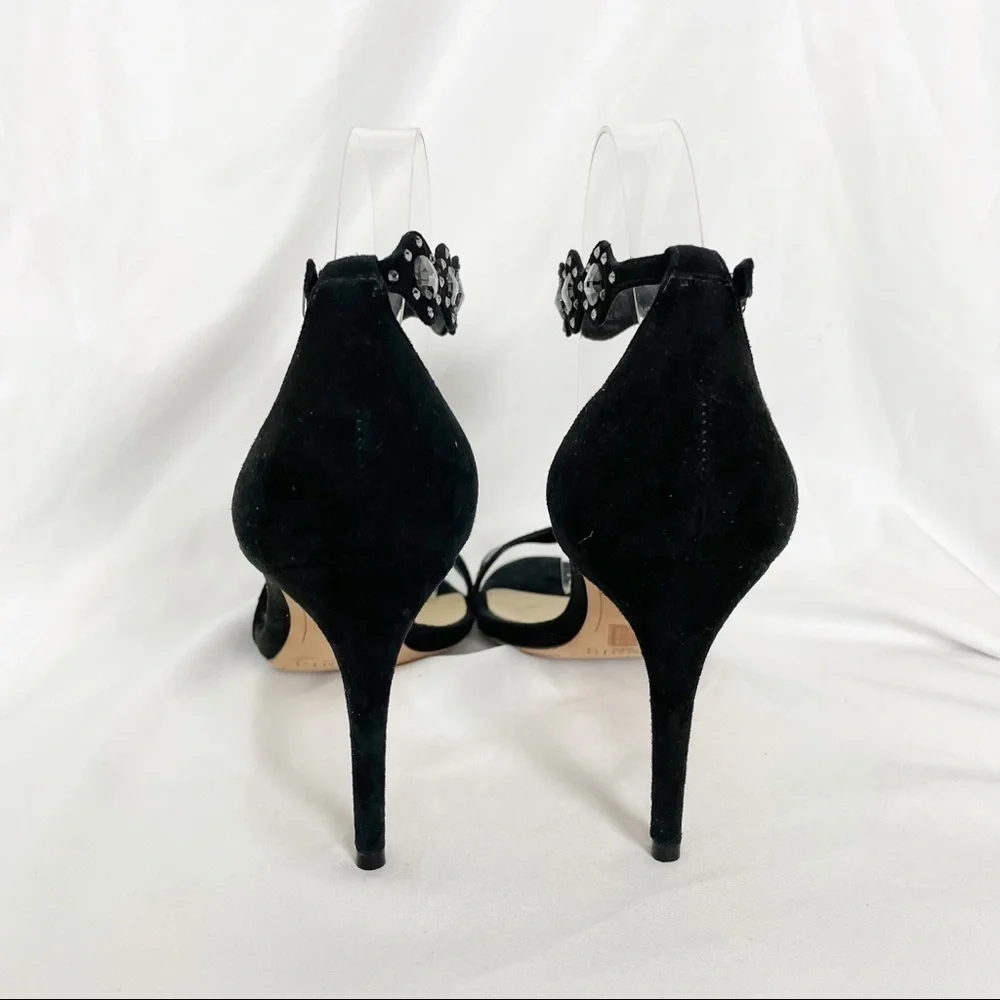 Alexandre Birman Jeweled Round Open Toe Suede Leather Heels Sandals Black